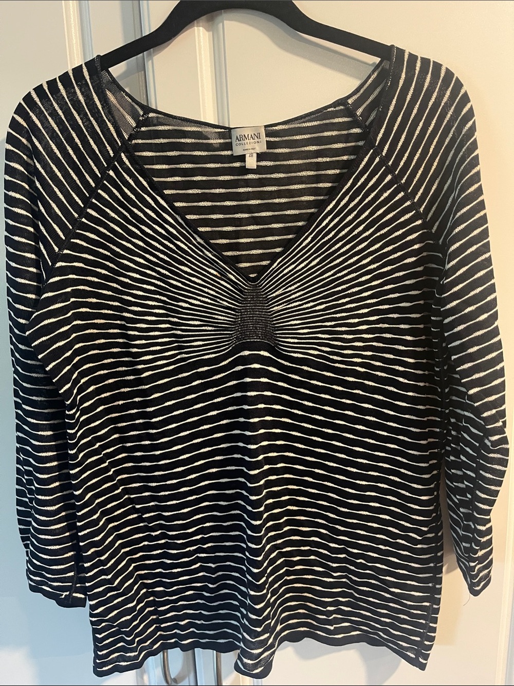Armani Collezioni Black and White Striped V-Neck Light Knit Long Sleeve Top